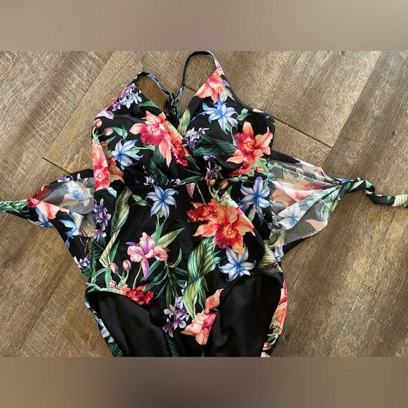 Aqua Green Swimsuit One Piece Women Floral Tie Waist Size Large EUC Clean - Picture 5 of 8